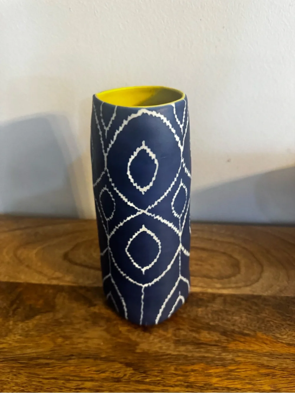 Blue and Yellow Ceramic Vase with White Geometric Pattern - Home Accent